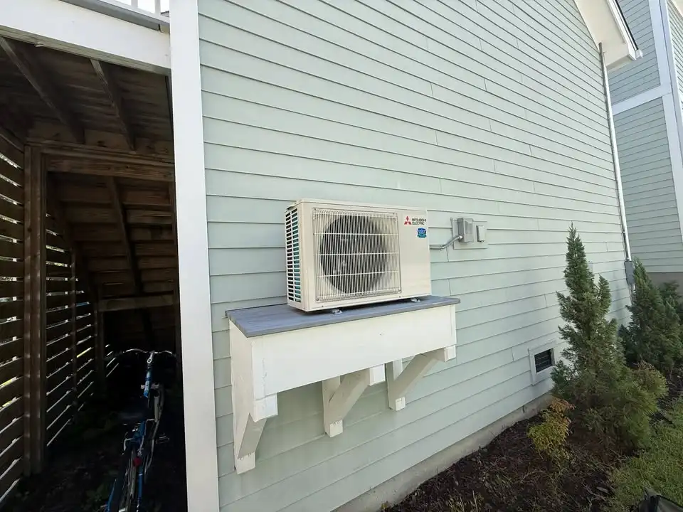 An outdoor ductless unit installed beside a home